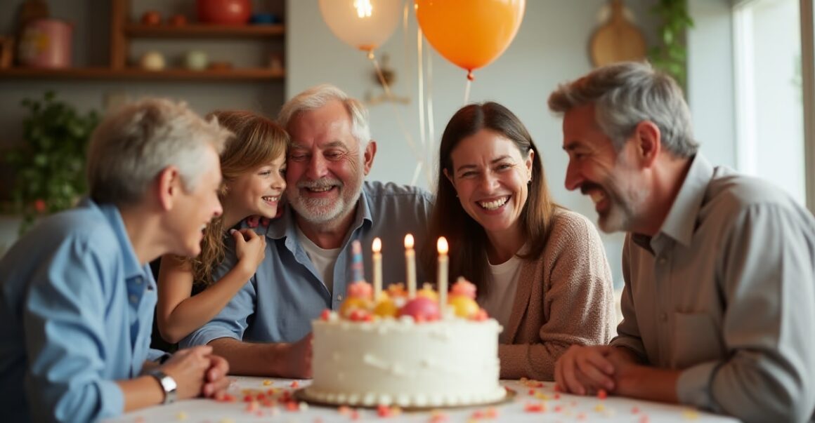 family celebration scene, showing parents with their children at an anniversary party