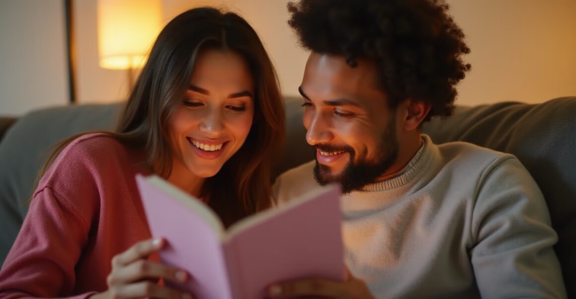 Couple sharing a genuine moment of connection while reading Valentine's messages