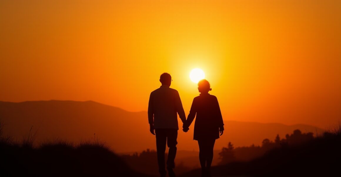 Sunset silhouette of an elderly couple walking hand in hand